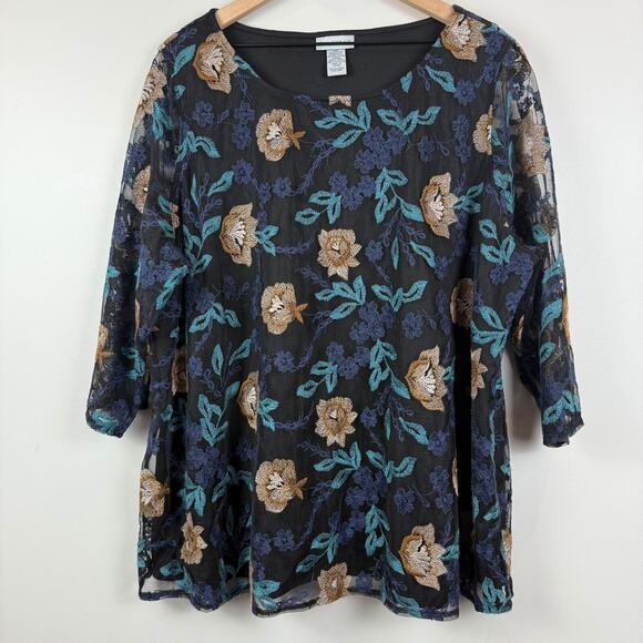 Catherines Top Womens 2X Black Multi Embroidered Floral Sheer 3/4 Sleeve Blouse - Picture 1 of 9